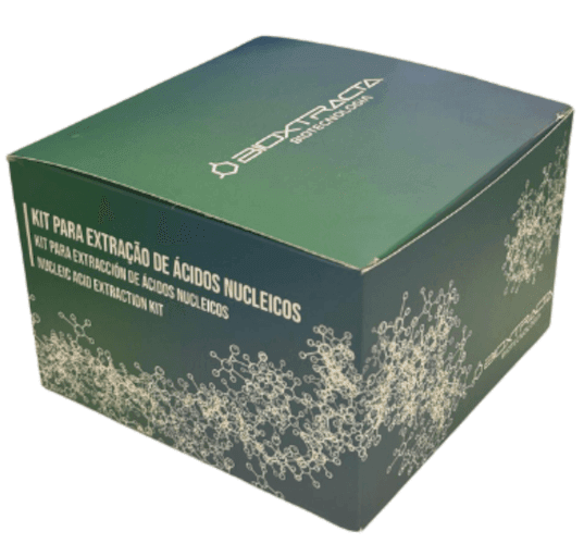 Box for nucleic acid extraction kit with molecular designs and branding on the sides.