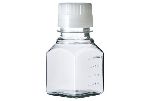 Empty clear plastic bottle with a white screw cap and volume markings up to 100ml.