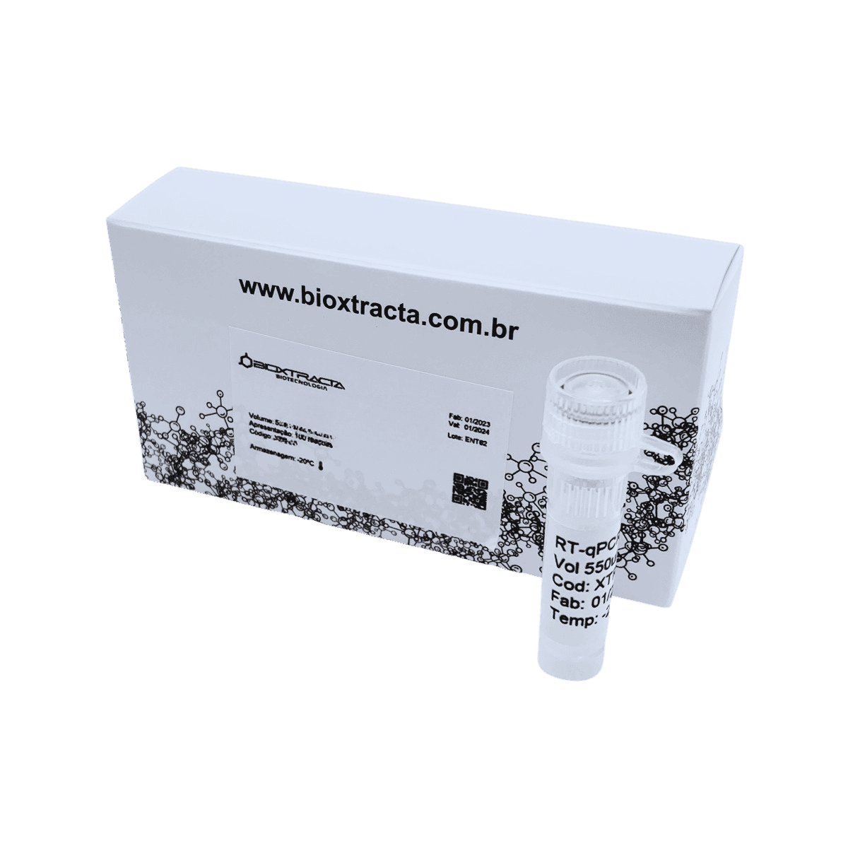 RT-qPCR kit box and sample vial from BioXtracta with molecular design pattern.