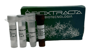 Biotechnology company box with four labeled test tubes lined up in front.