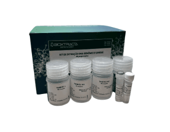 DNA extraction kit including multiple labeled solution containers and small bottles with a box in the background.