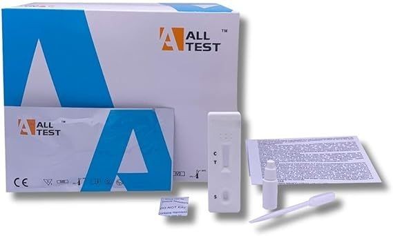 Home drug test kit with box, instructions, testing strips, and dropper.